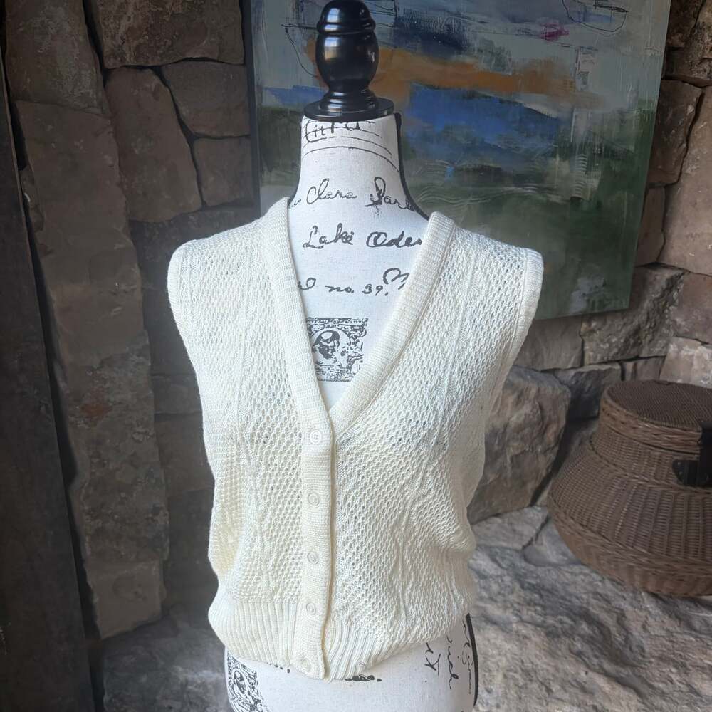 Nan Dorsey Vintage Ivory Open Knit Sweater Vest Size Small Made in USA